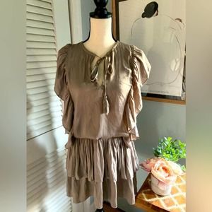 MUSTARD SEED Ruffled Coffee Satin Mini Dress with Tiered Ruffles Bohemian | MED